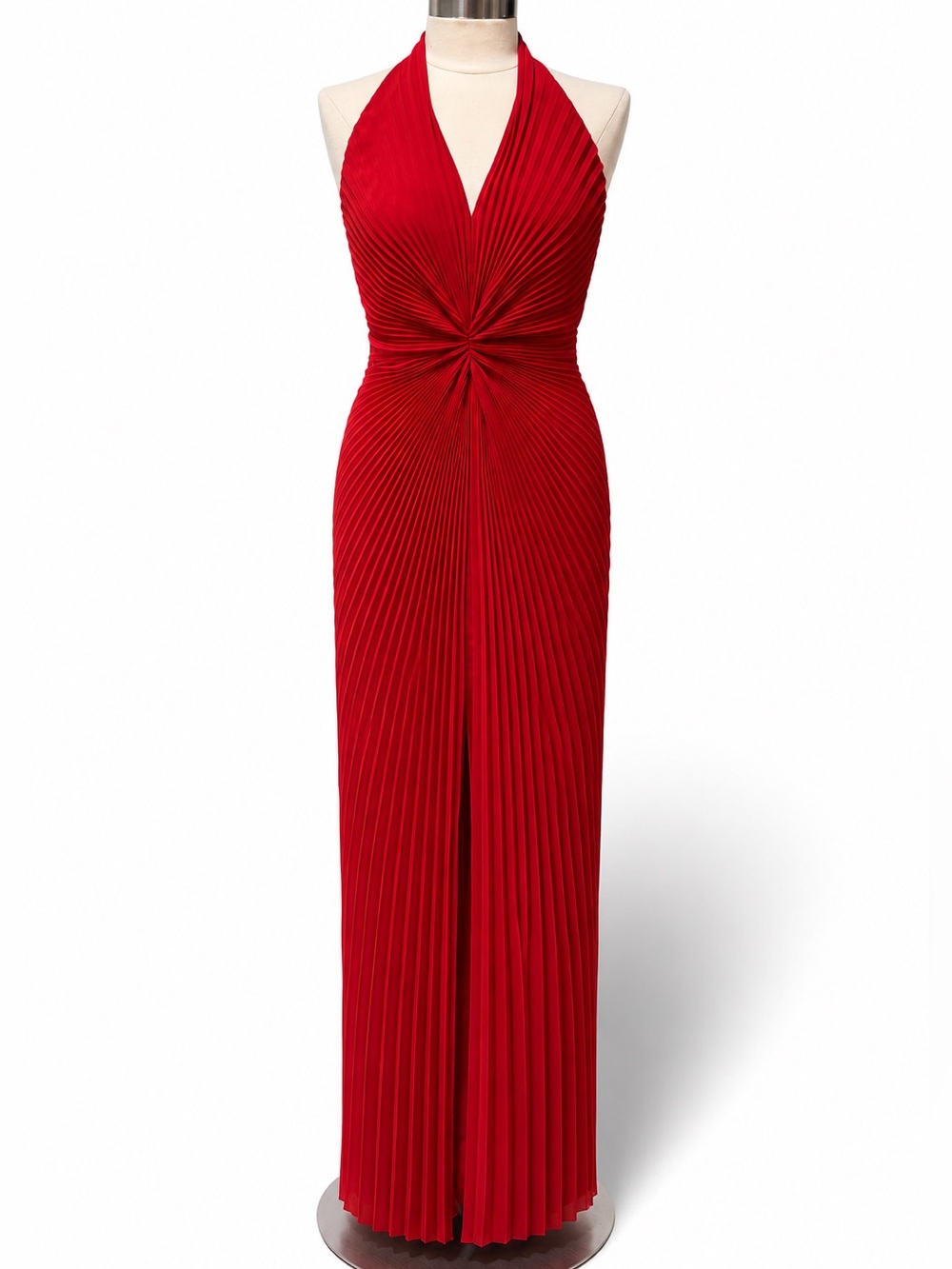 Carmen Marc Valvo Signature Red Pleated Halter Gown Size 8 Silk Lined Dress